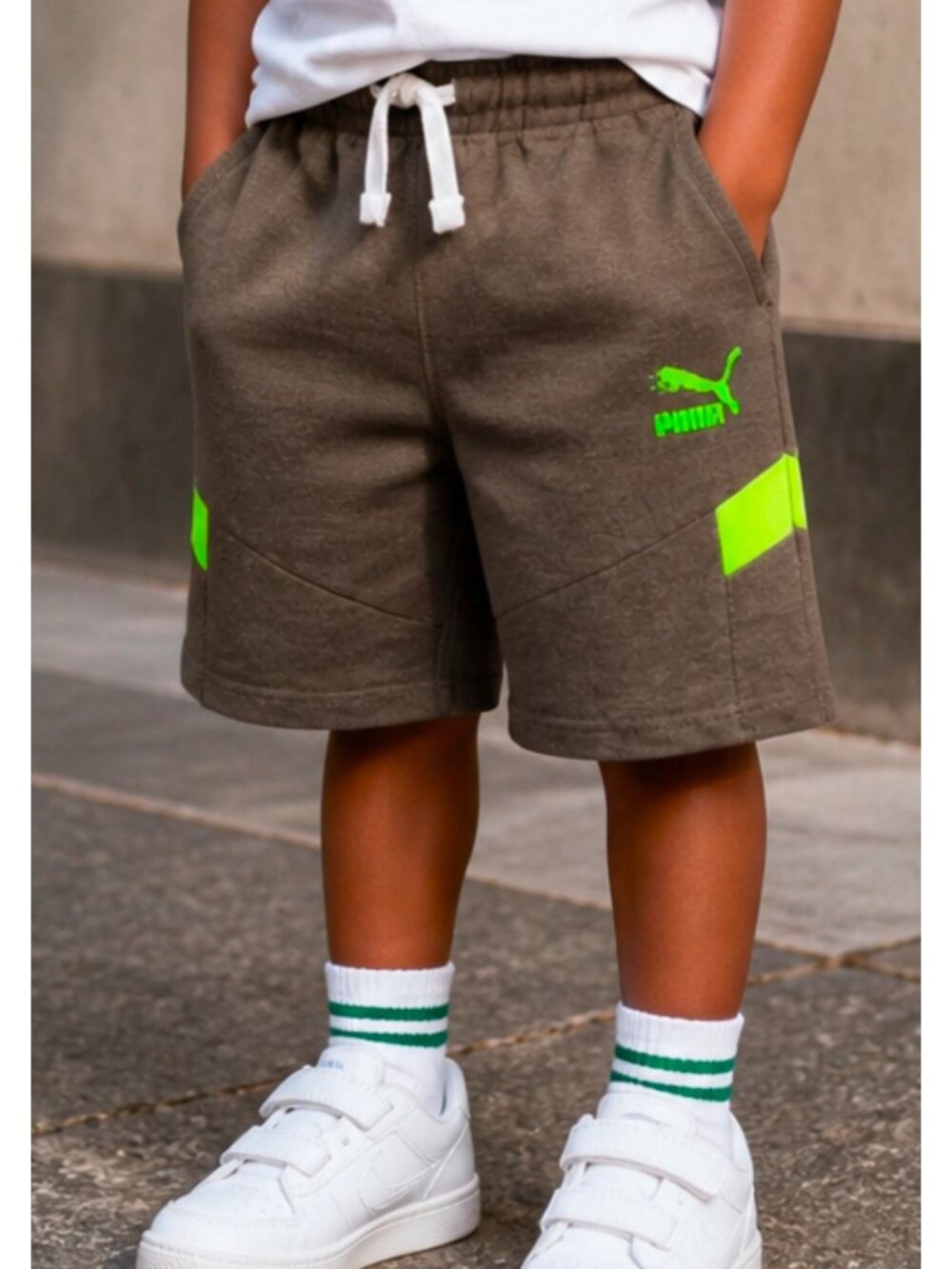 Puma Boys Brown & Neon Green Casual Shorts With Drawstring Waist Size 5 Cotton B